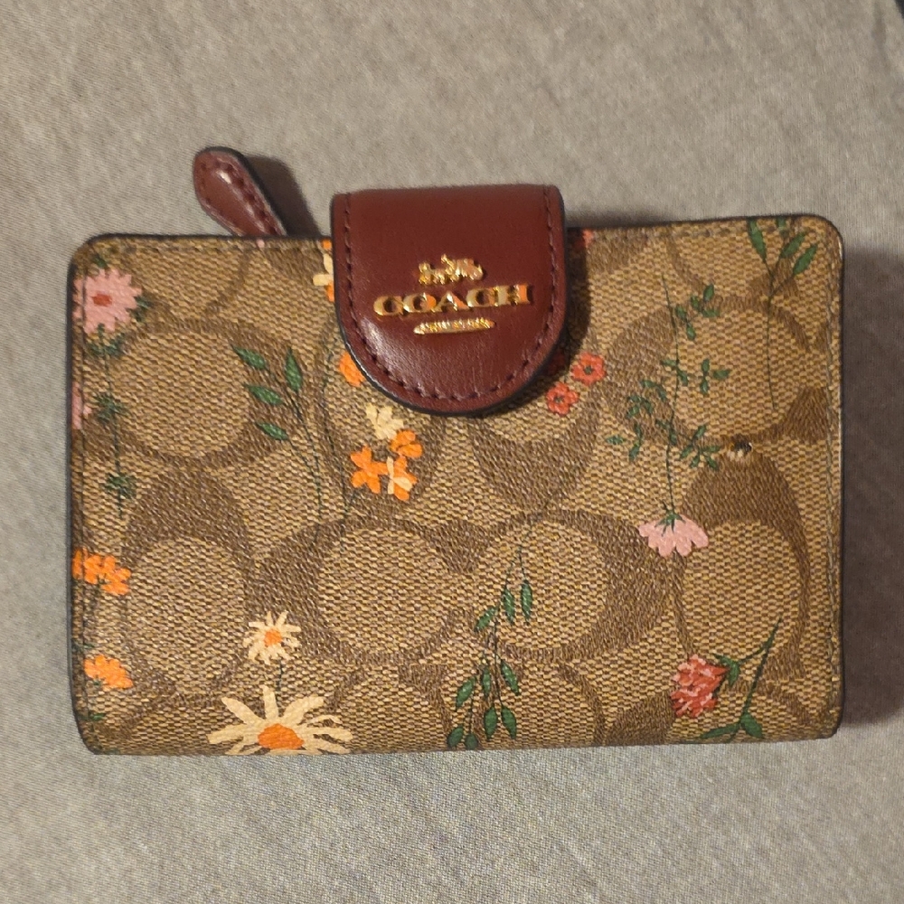 Coach Brown Signature Floral Compact Wallet with Multicolor Flowers